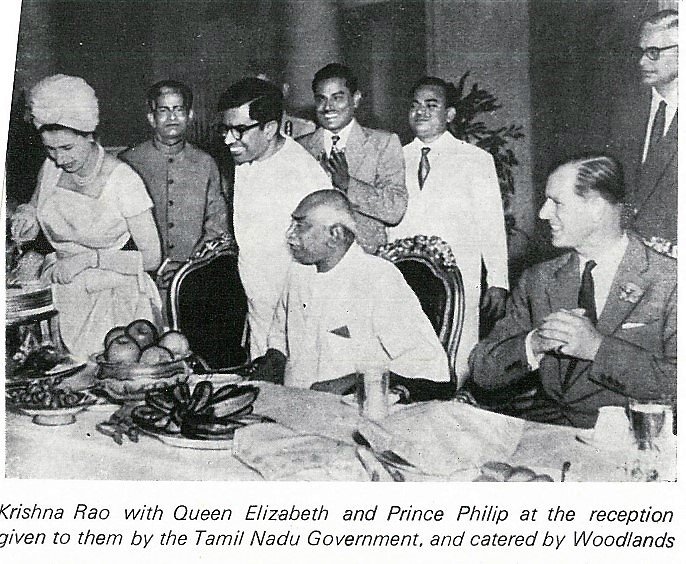 Woodlands Hotel owner Shri Kadandale Krishna Rao with queen Elizabeth & Prince Philip